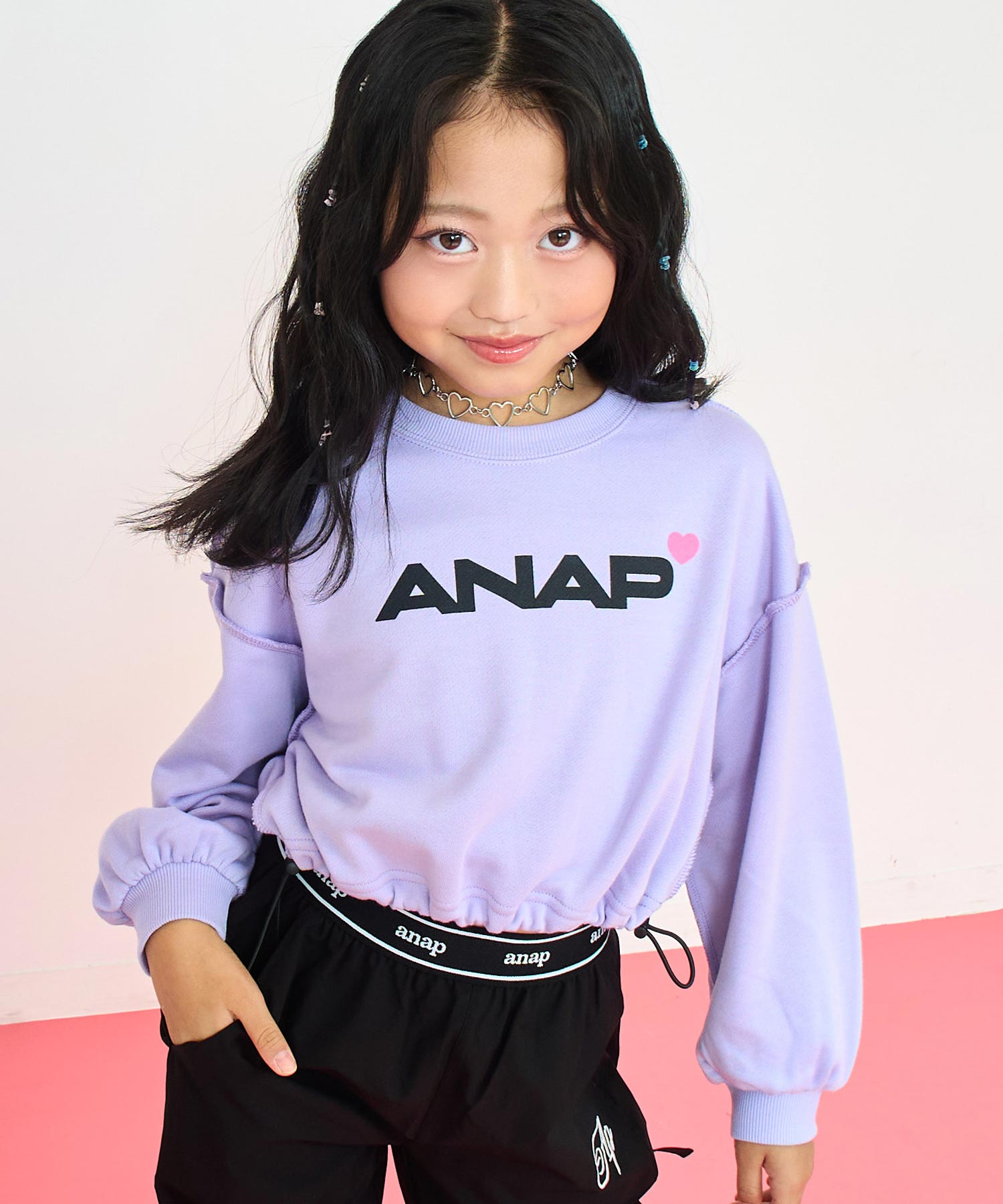 ANAPロゴ ハートポイント ドロスト付 クロップド トップス スウェット