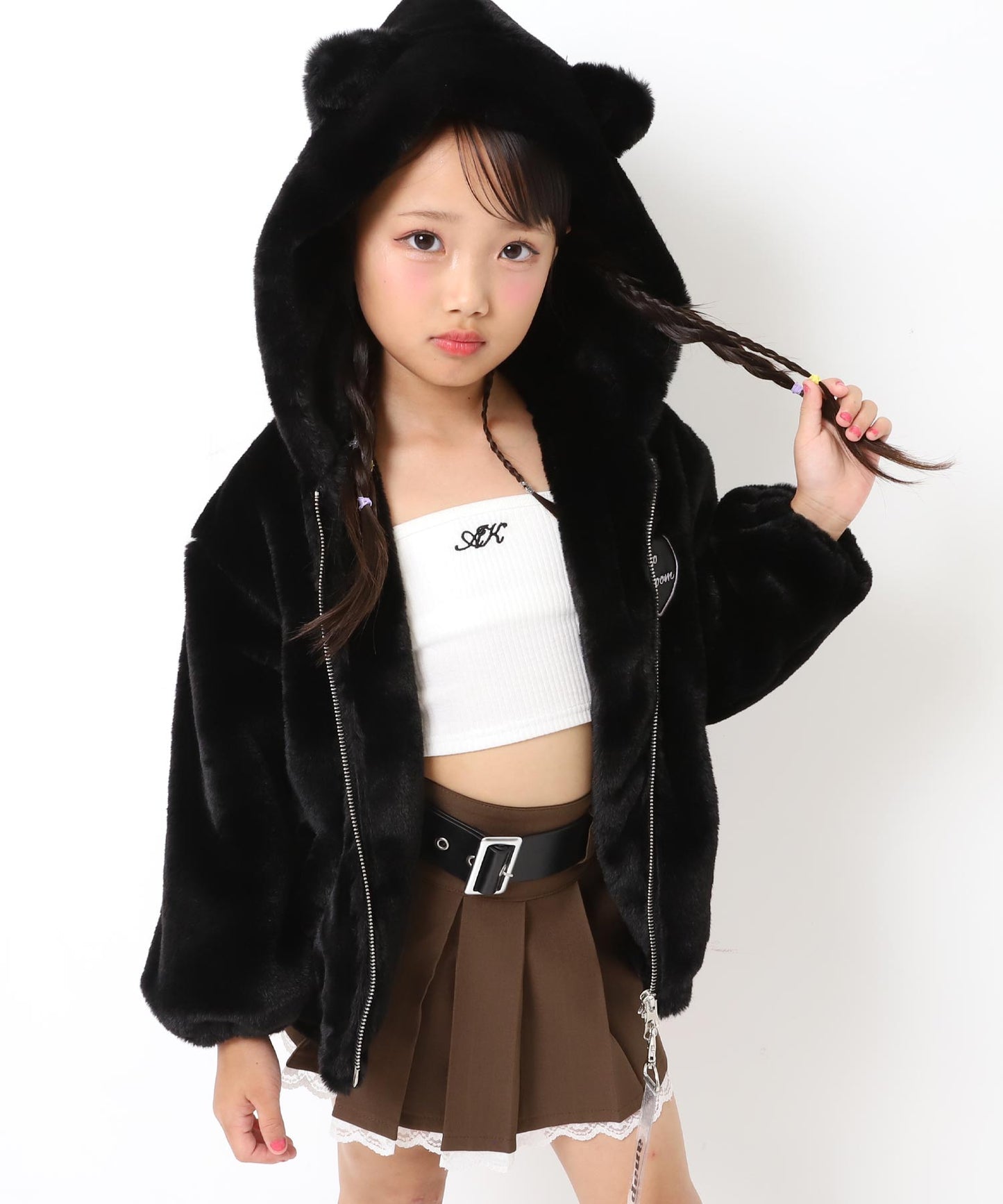 ワッペン ロゴ ネコ耳 フード ファー ブルゾン 【ジュニアお揃い】 426-3475