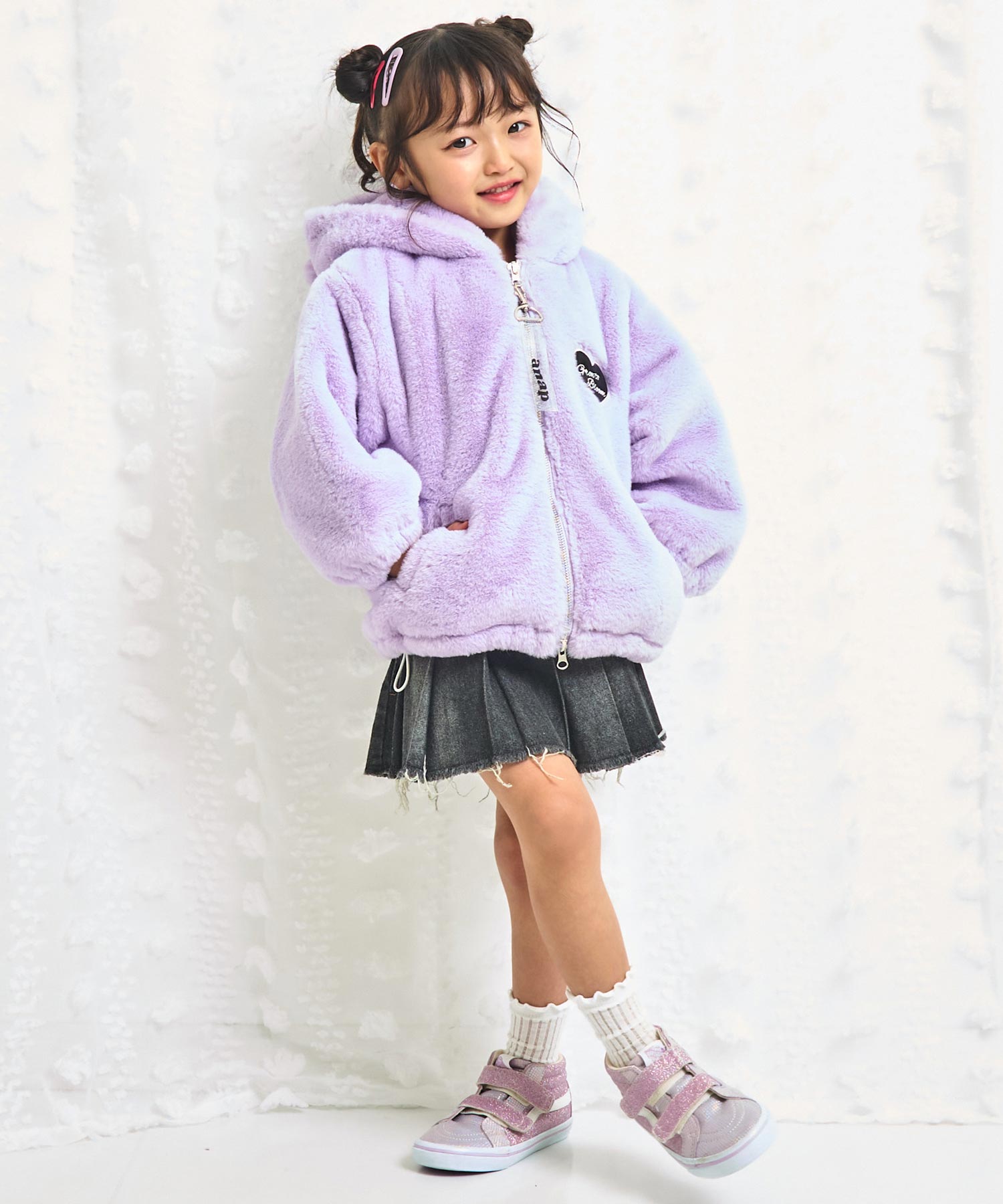 ☆手編み レインボー カラー ファー付 フワフワ♡ 円座 ☆ ワッペン ロゴ ネコ耳 フード ファー ブルゾン 【ジュニアお揃い】 426