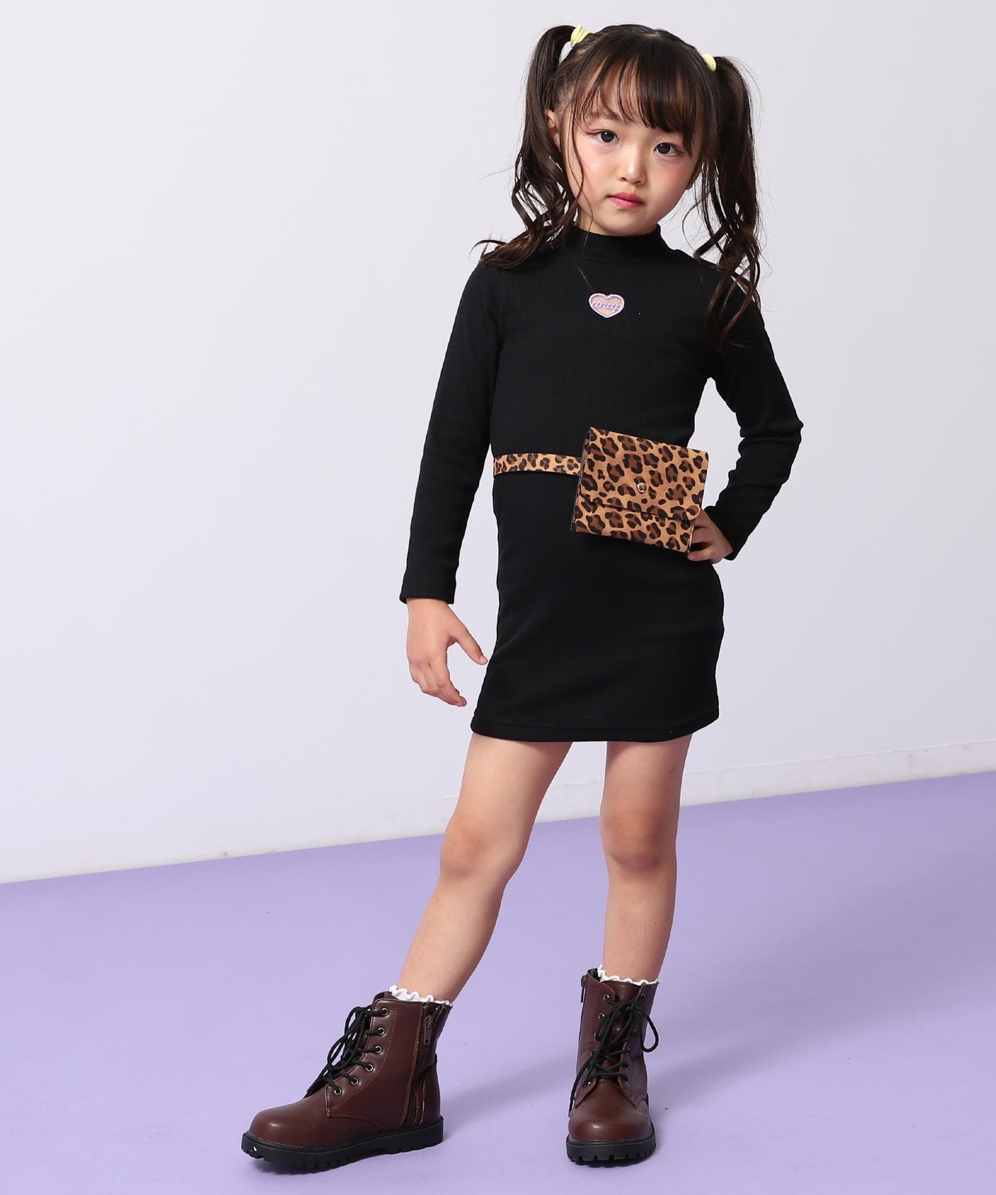 レオパード柄 ベルトポーチ付 テレコ リブ ワンピース 428-3504