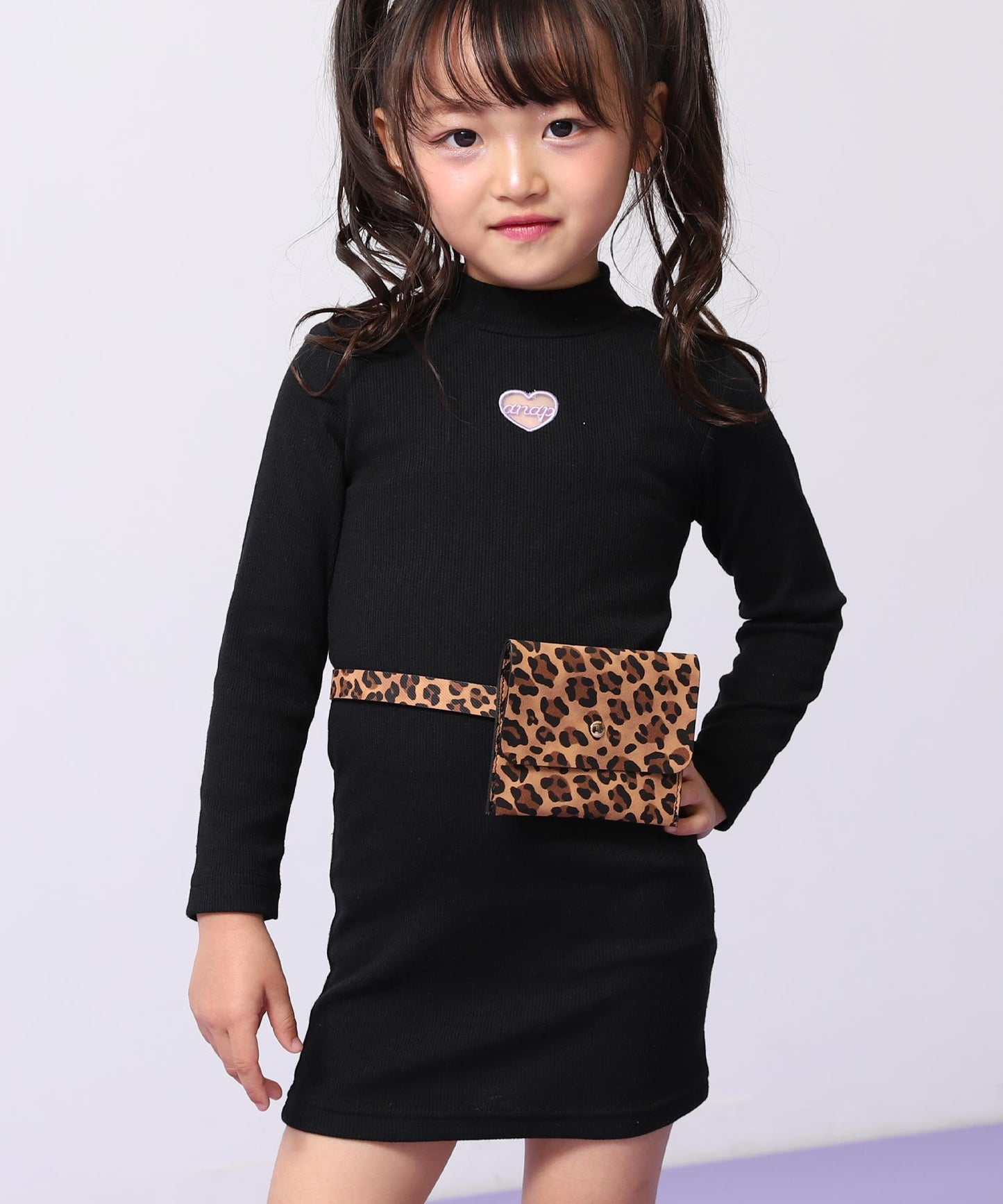 レオパード柄 ベルトポーチ付 テレコ リブ ワンピース 428-3504