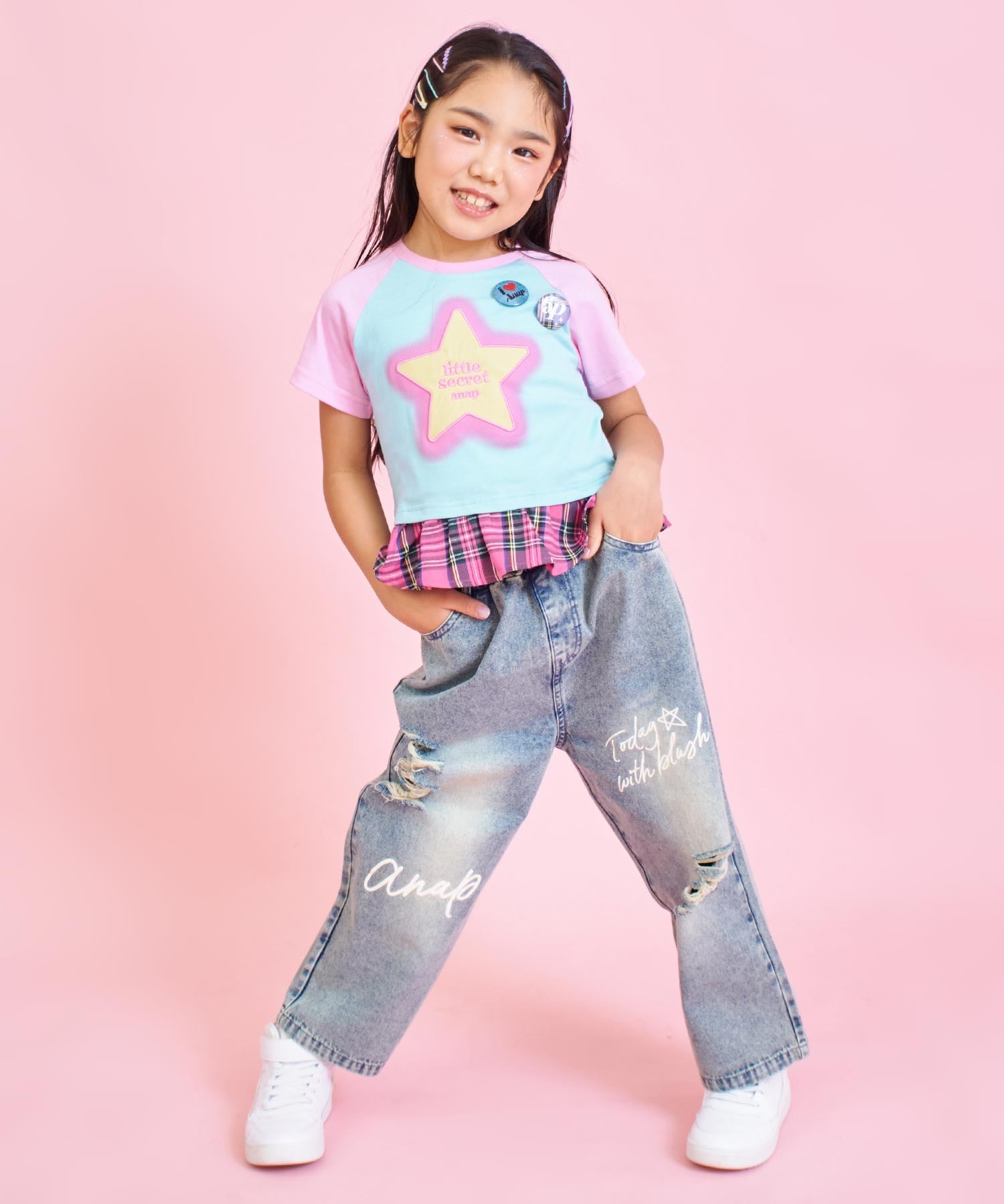 バッジ2個付 レイヤード チェック柄 フリル トップス Tシャツ 428-3572