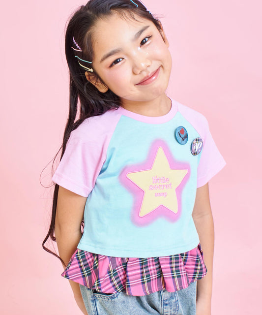 バッジ2個付 レイヤード チェック柄 フリル トップス Tシャツ 428-3572