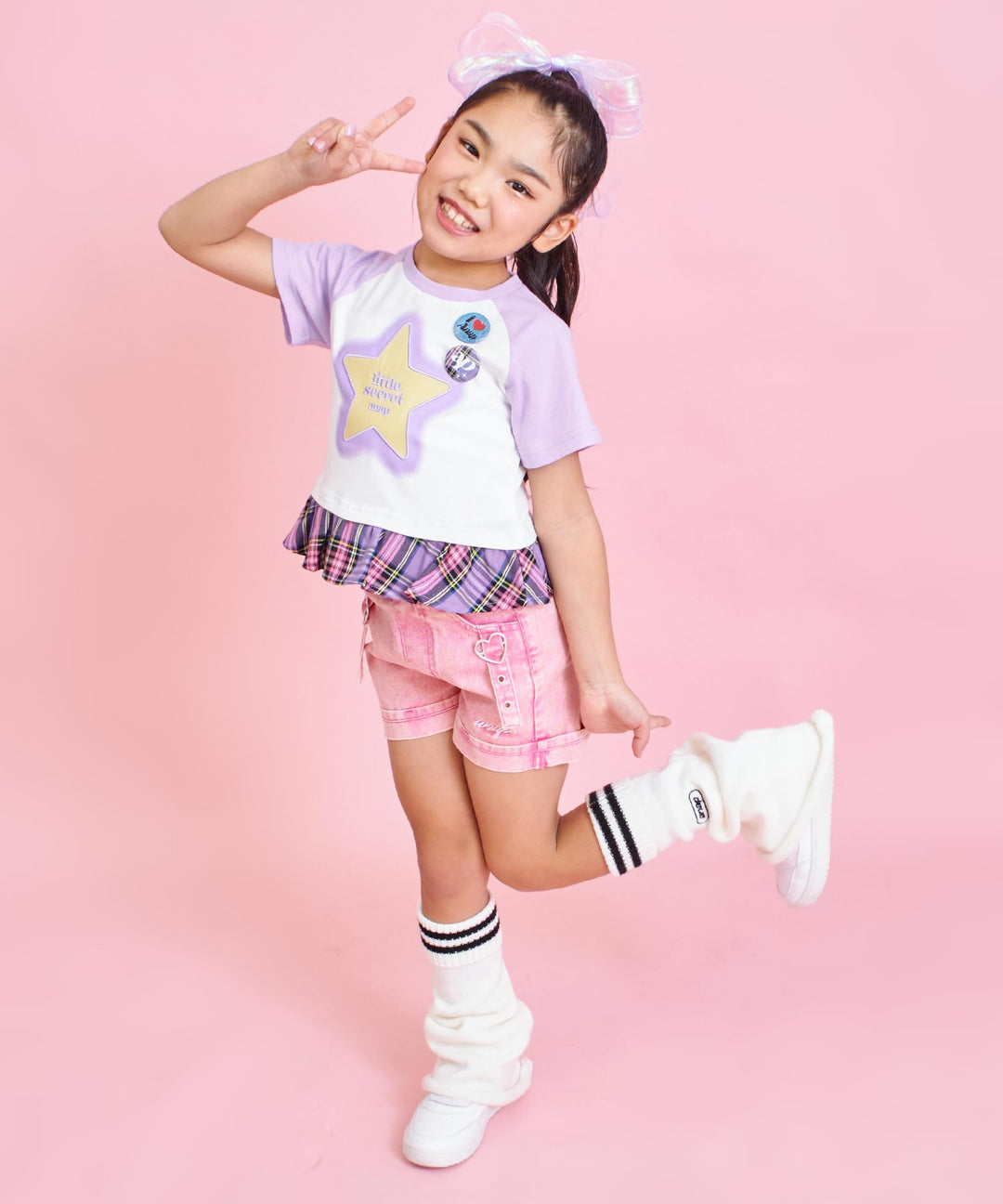 バッジ2個付 レイヤード チェック柄 フリル トップス Tシャツ 428-3572