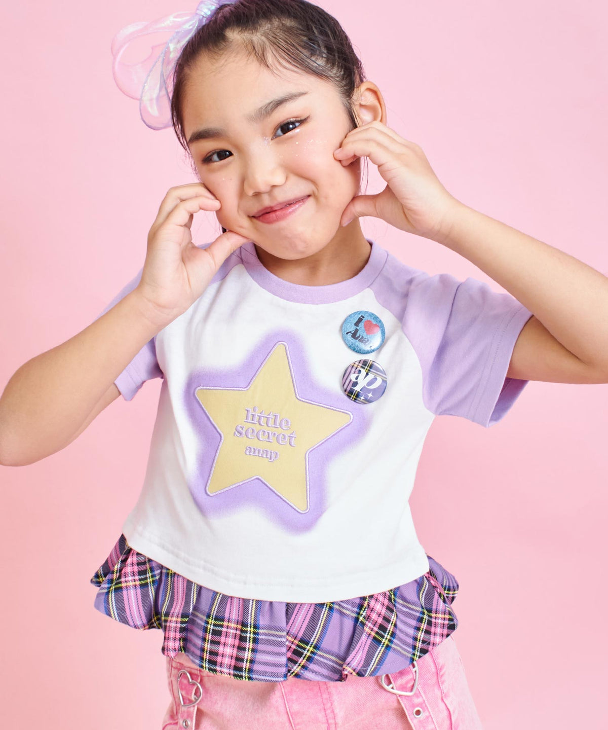 バッジ2個付 レイヤード チェック柄 フリル トップス Tシャツ 428-3572 
