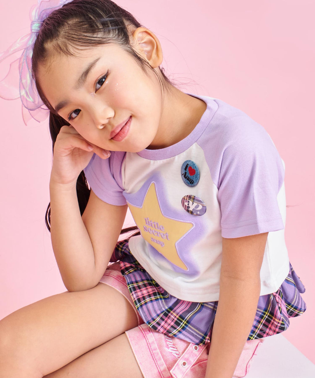 バッジ2個付 レイヤード チェック柄 フリル トップス Tシャツ 428-3572