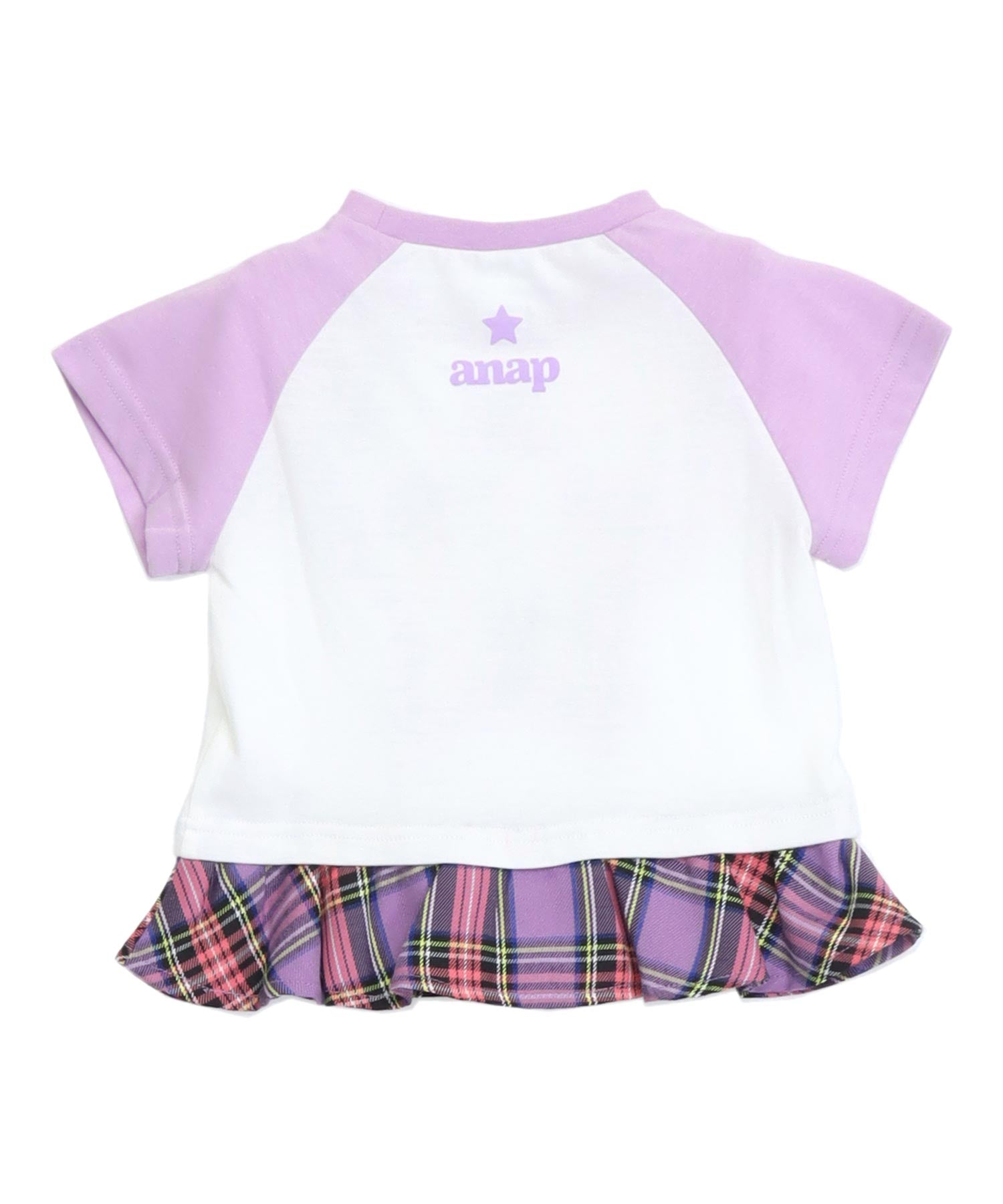 バッジ2個付 レイヤード チェック柄 フリル トップス Tシャツ 428-3572