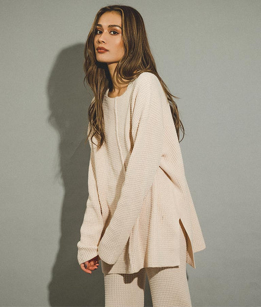 ワッフル編み スリット ニット トップス【セットアップ着用可】 793-8683