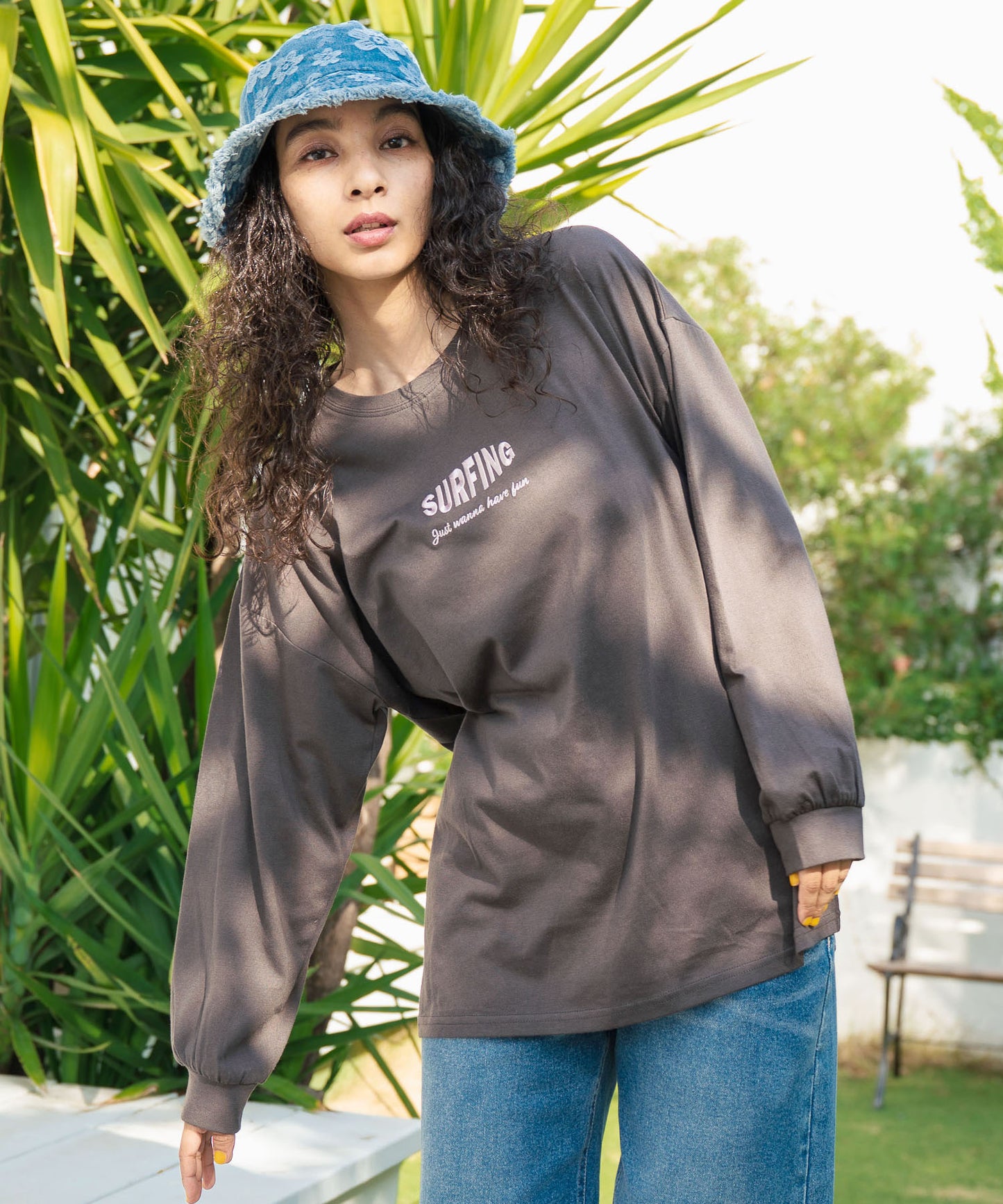 パームツリー サーフプリント ビッグ ロングスリーブ Tシャツ 853-5949