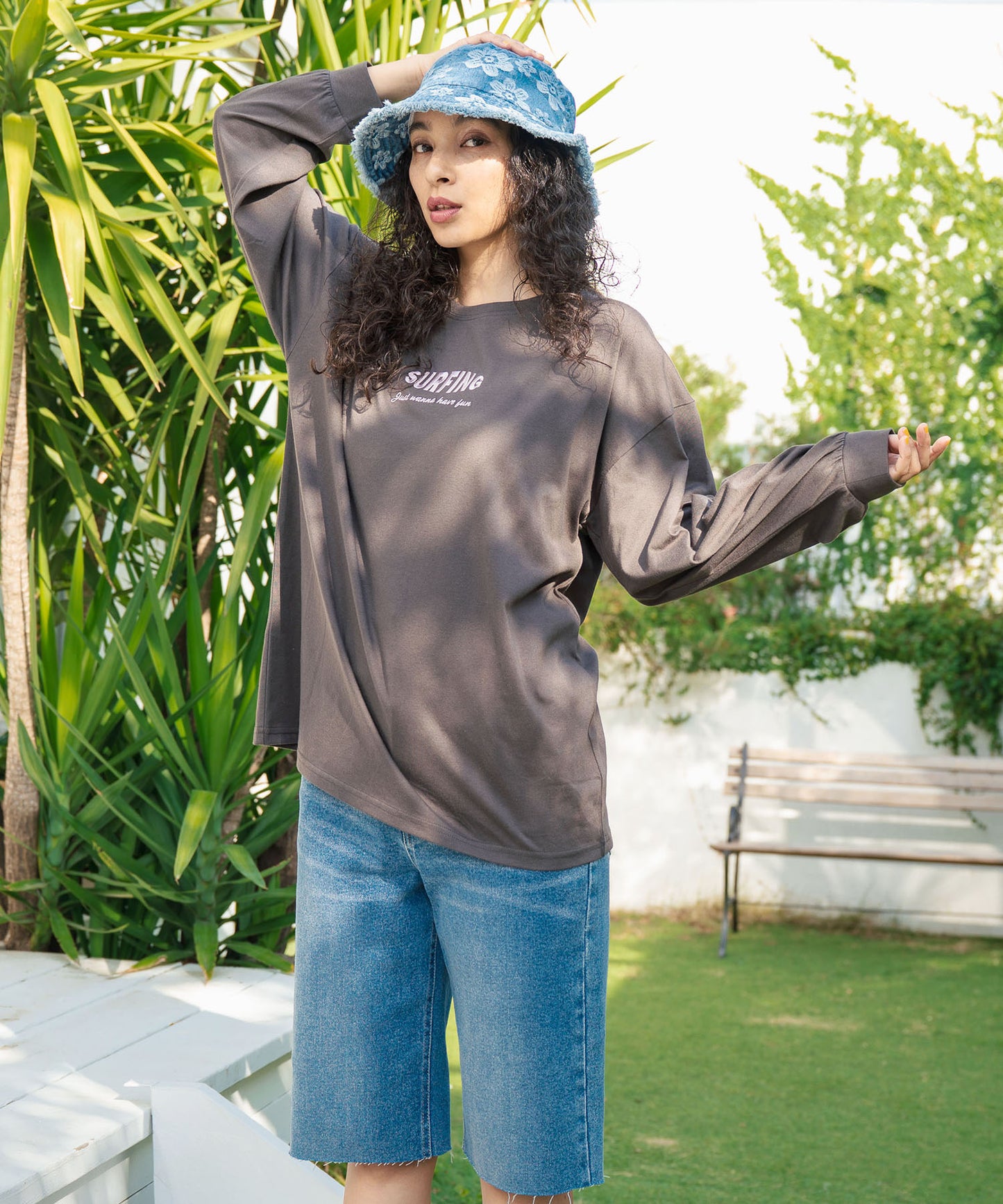 パームツリー サーフプリント ビッグ ロングスリーブ Tシャツ 853-5949