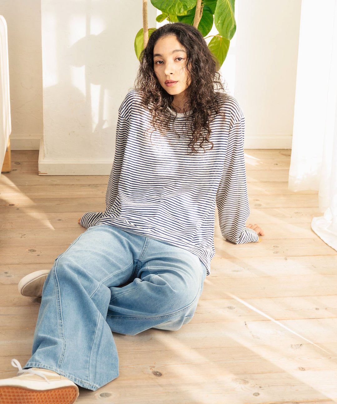 シアー カラー ボーダー ロングスリーブ カットソー 長袖 Tシャツ 853-5933