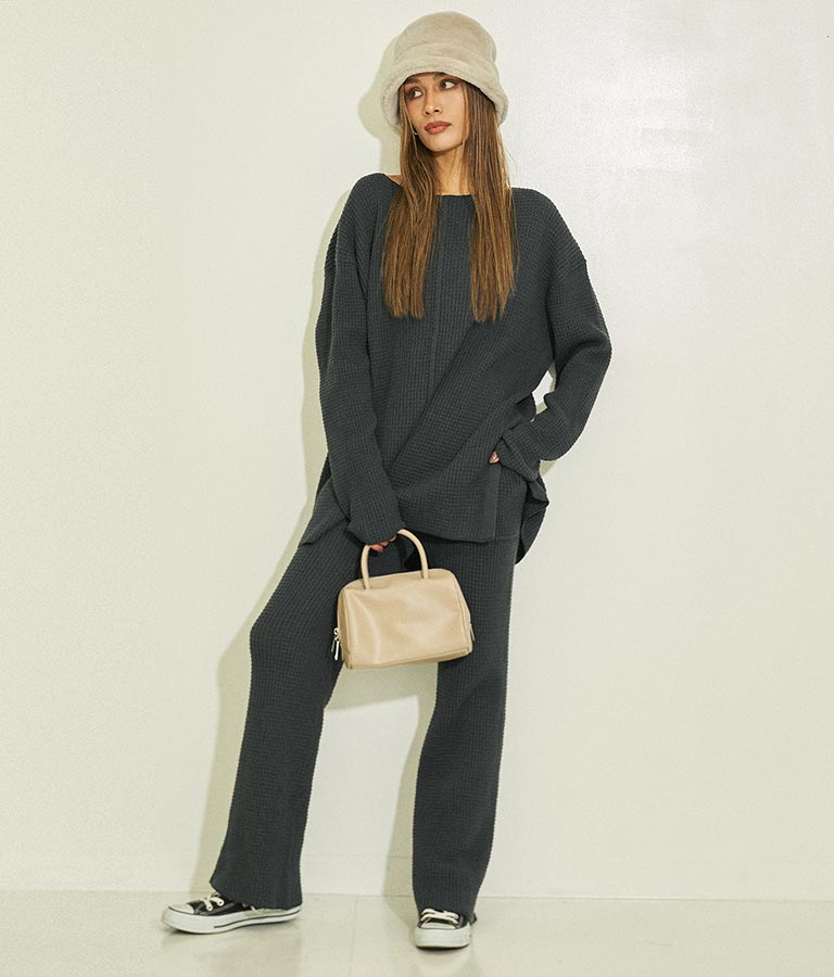 ワッフル編み スリット ニット トップス【セットアップ着用可】 793-8683