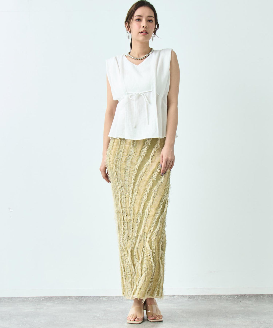 麻タッチ フリンジ ニットスカート 791-9278