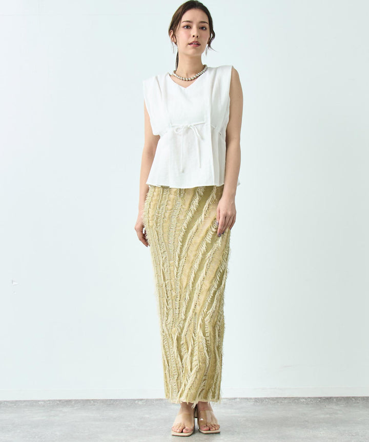 麻タッチ フリンジ ニットスカート 791-9278