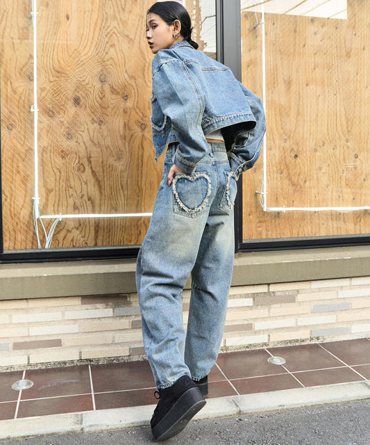 ハート フリンジ パッチポケット バレルレッグ デニム パンツ 792-9387