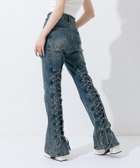 バックレースアップ ストレッチ フレアデニムパンツ 792-9544
