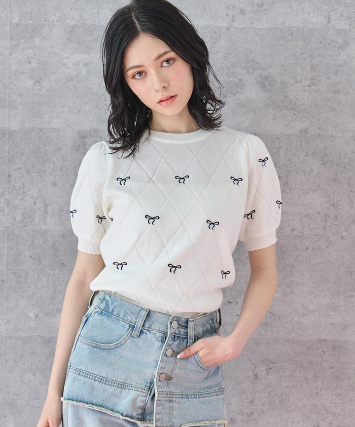 ミニリボン 刺繡 ニット トップス 793-9221