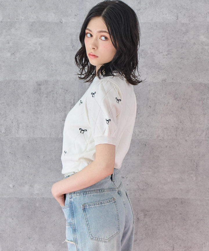 ミニリボン 刺繡 ニット トップス 793-9221