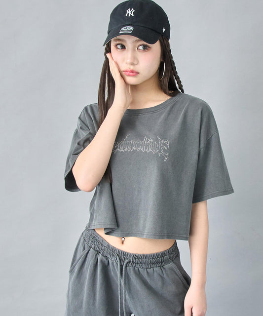 ピグメント 加工 ビジュー ロゴ クロップド Tシャツ 793-9263