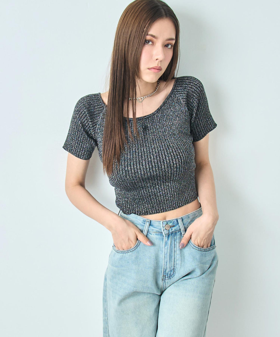 ラメ クロップド ２WAY クロス デザイン ニット トップス 793-9268