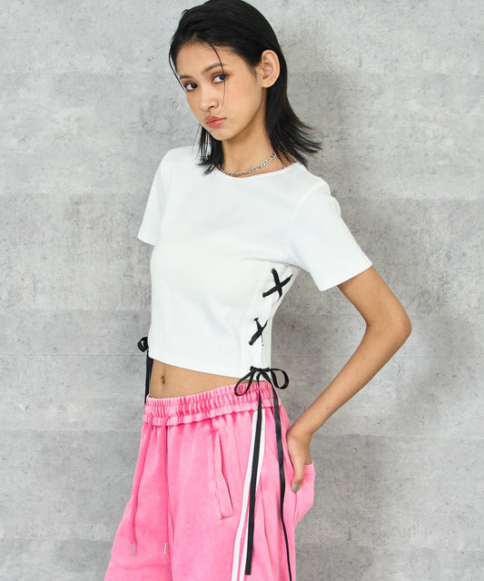 サイド レースアップ リボン リブ トップス Tシャツ 793-9316