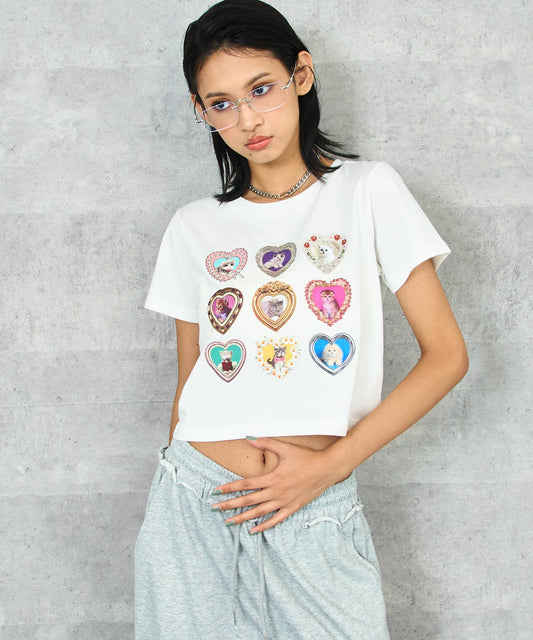 ハート フレーム 猫 プリント Tシャツ 793-9322