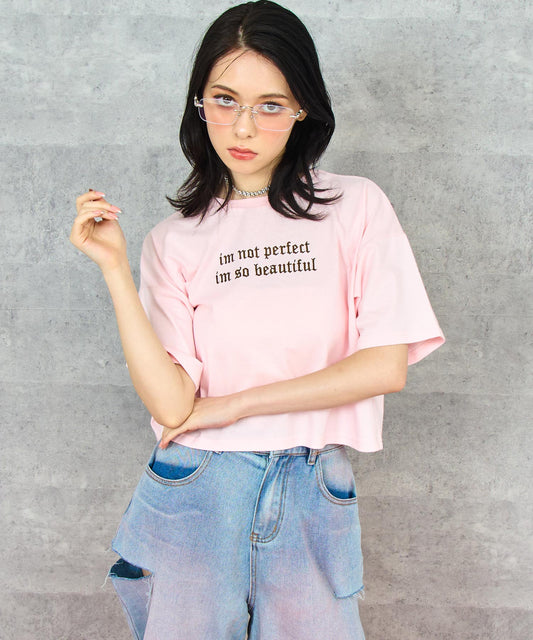 メッセージ ハート 刺繍 クロップド Tシャツ 793-9330