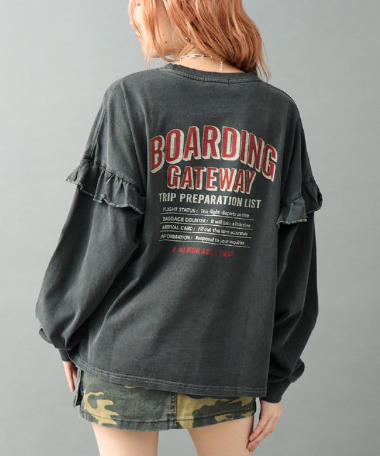 ピグメント加工 フリル付き ロゴ ロングスリーブ Tシャツ 793-9338
