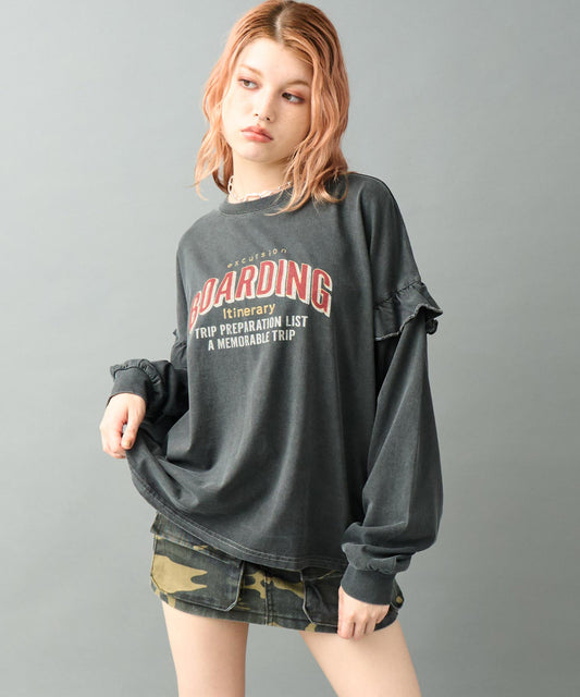ピグメント加工 フリル付き ロゴ ロングスリーブ Tシャツ 793-9338