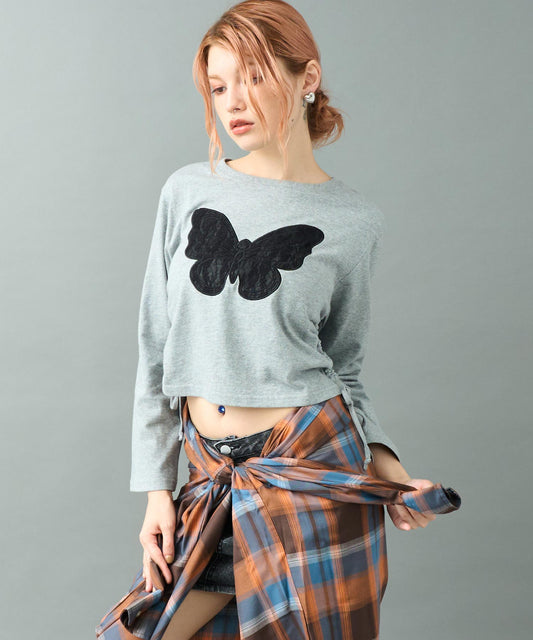 レース バタフライ刺繍 サイド シャーリング ロンT 793-9374