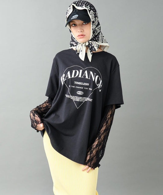レース スリーブ プリント ロングスリーブ Tシャツ 793-9375