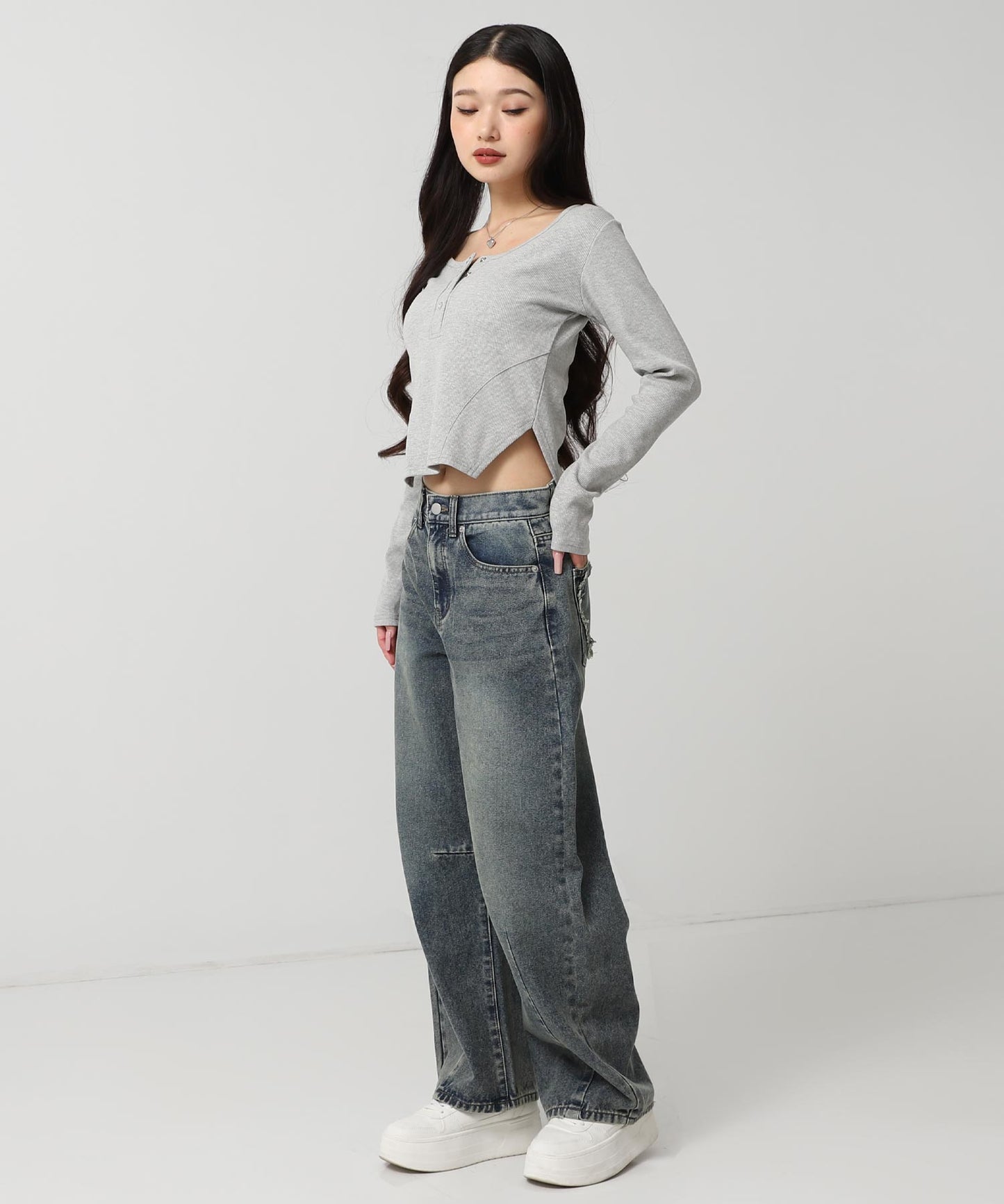 ヘンリーネック コルセット デザイン リブ トップス 793-9392