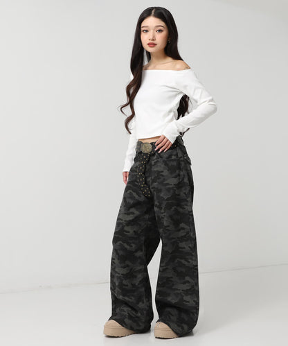 サイド ギャザー オフショルダー リブ トップス 793-9393