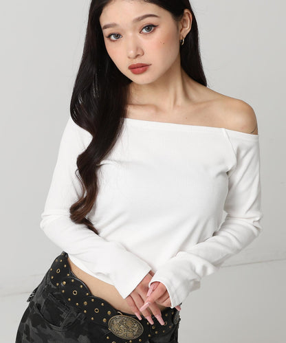 サイド ギャザー オフショルダー リブ トップス 793-9393