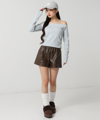 サイド ギャザー オフショルダー リブ トップス 793-9393