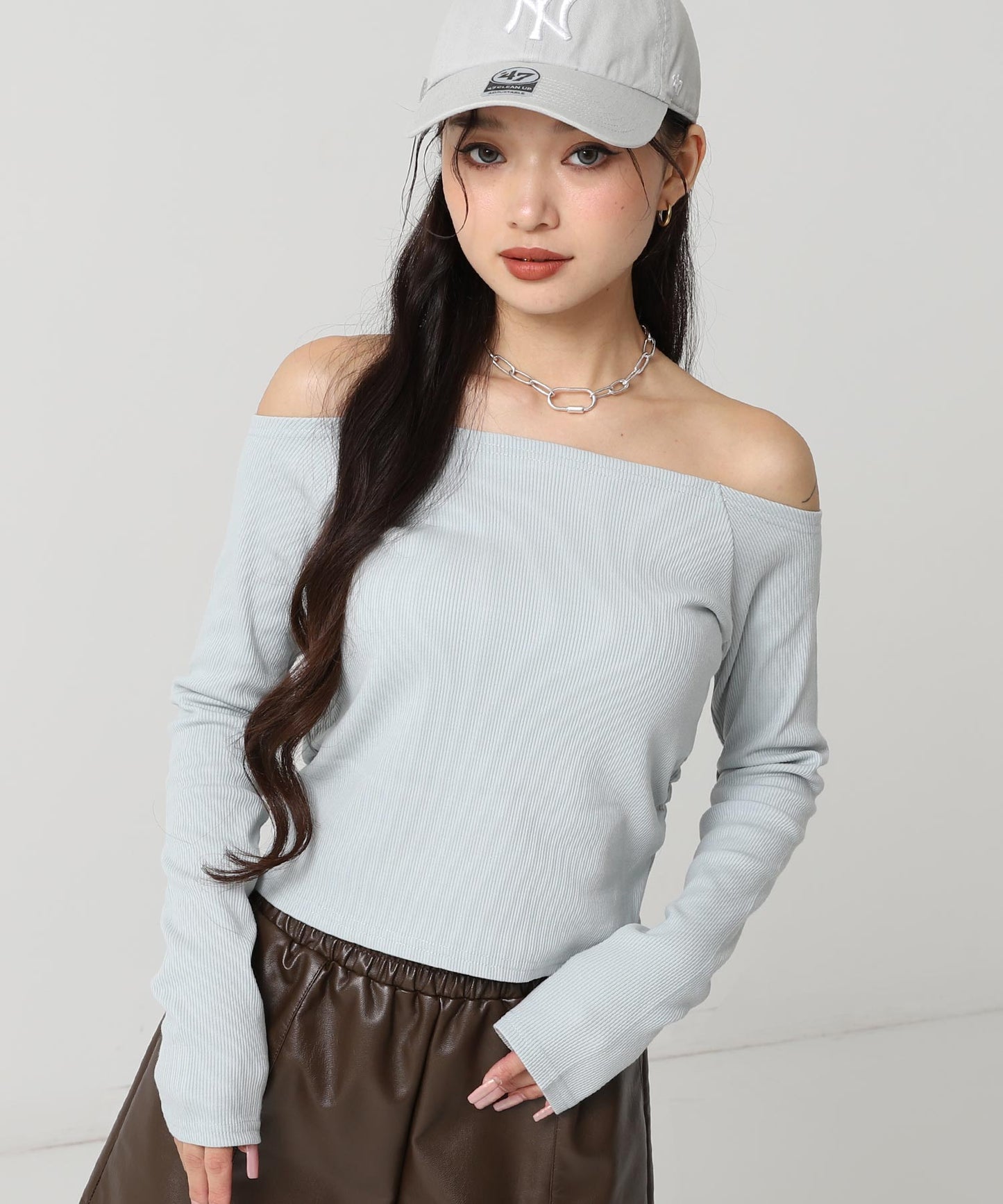 サイド ギャザー オフショルダー リブ トップス 793-9393