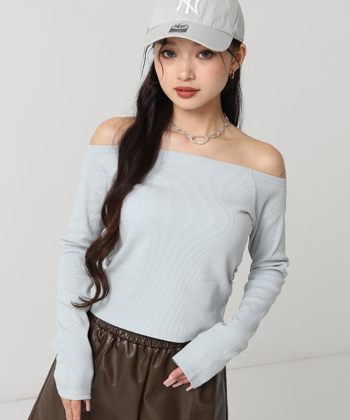 サイド ギャザー オフショルダー リブ トップス 793-9393