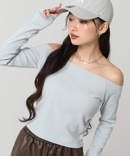サイド ギャザー オフショルダー リブ トップス 793-9393