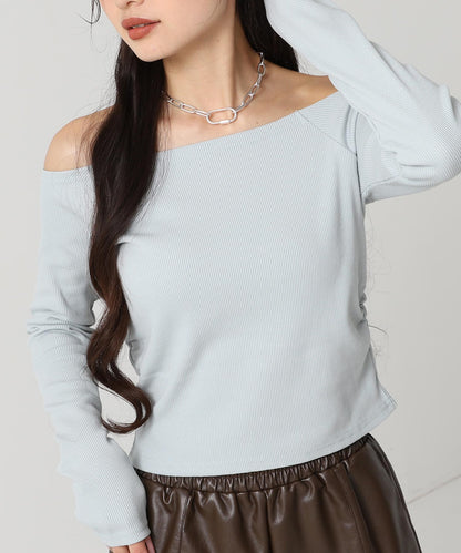 サイド ギャザー オフショルダー リブ トップス 793-9393
