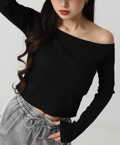 サイド ギャザー オフショルダー リブ トップス 793-9393