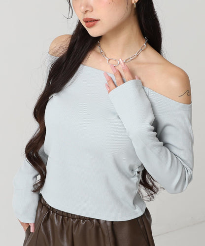 サイド ギャザー オフショルダー リブ トップス 793-9393