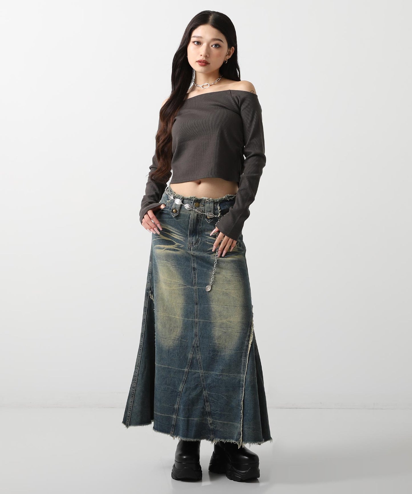 サイド ギャザー オフショルダー リブ トップス 793-9393