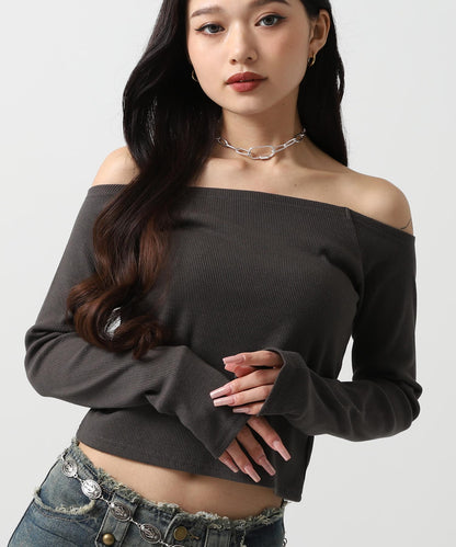 サイド ギャザー オフショルダー リブ トップス 793-9393