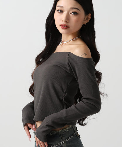 サイド ギャザー オフショルダー リブ トップス 793-9393