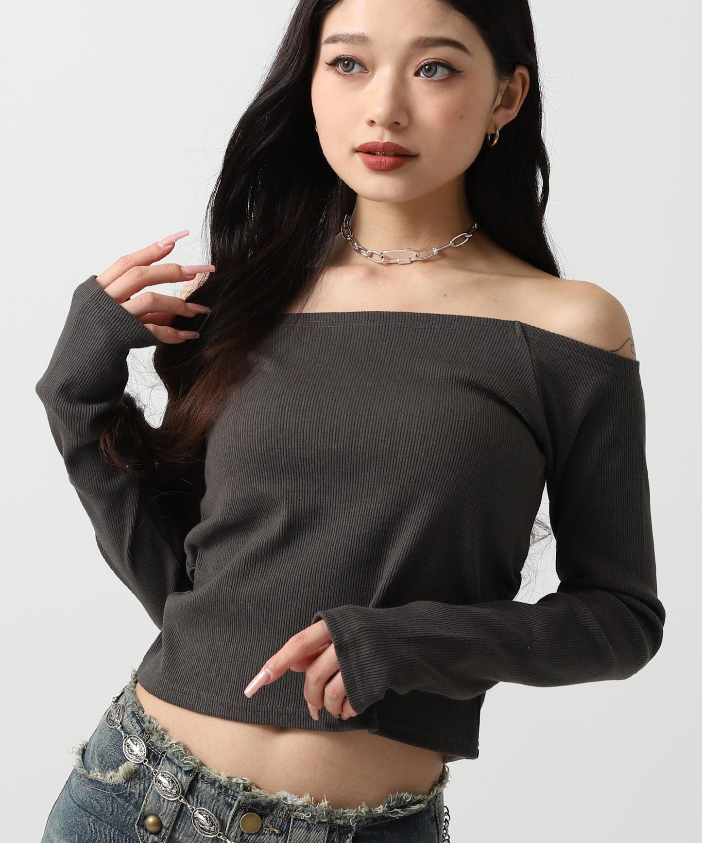 サイド ギャザー オフショルダー リブ トップス 793-9393