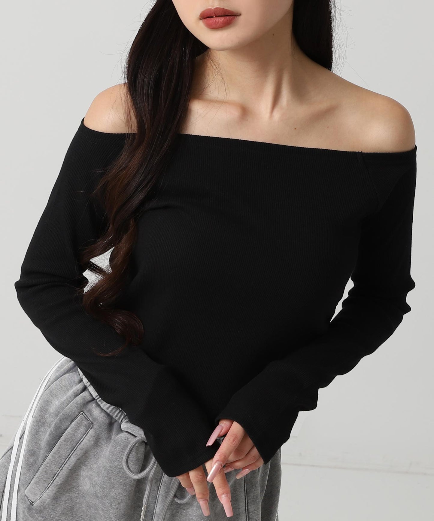 サイド ギャザー オフショルダー リブ トップス 793-9393