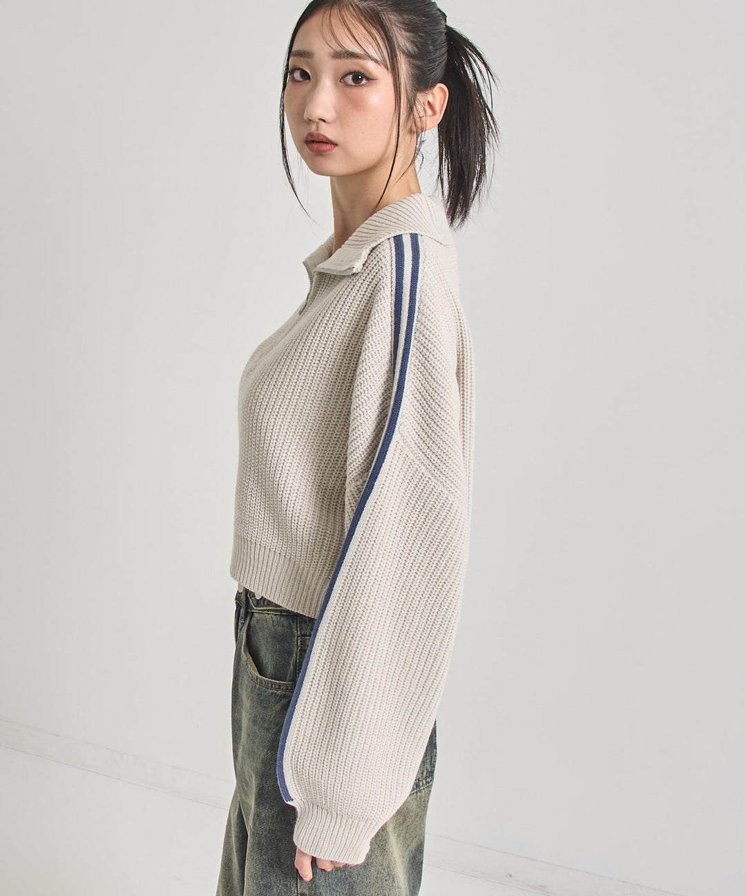 ハーフジップ ライン デザイン ニット トップス 793-9421