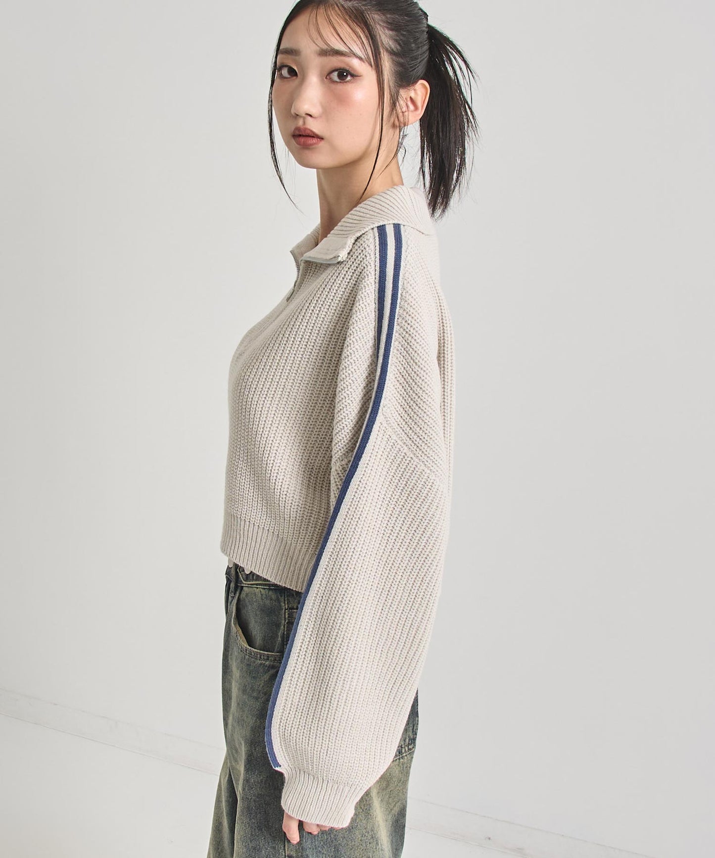 ハーフジップ ライン デザイン ニット トップス 793-9421