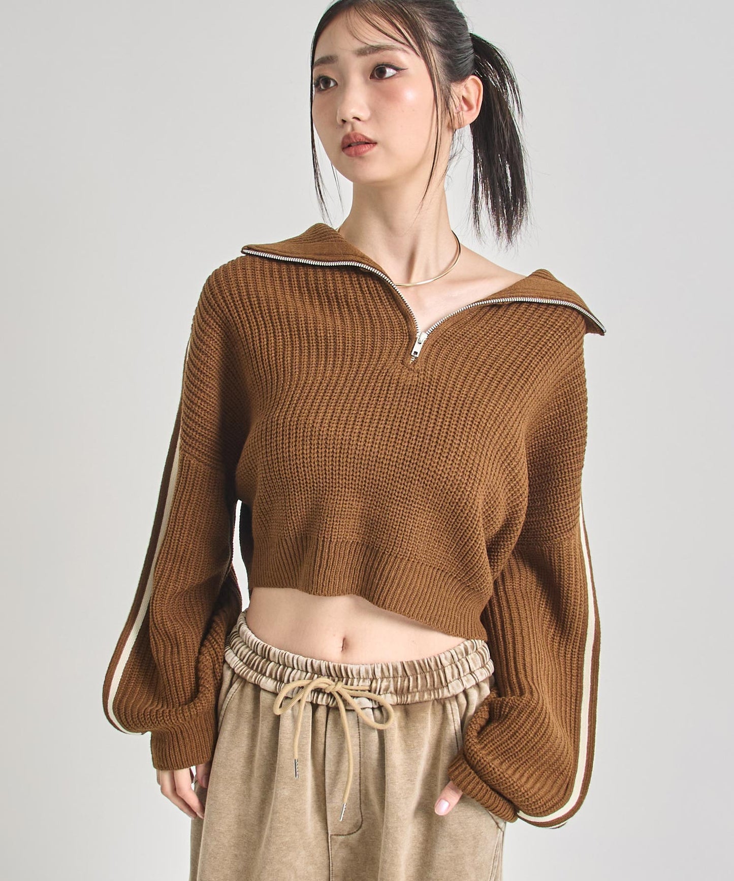 ハーフジップ ライン デザイン ニット トップス 793-9421