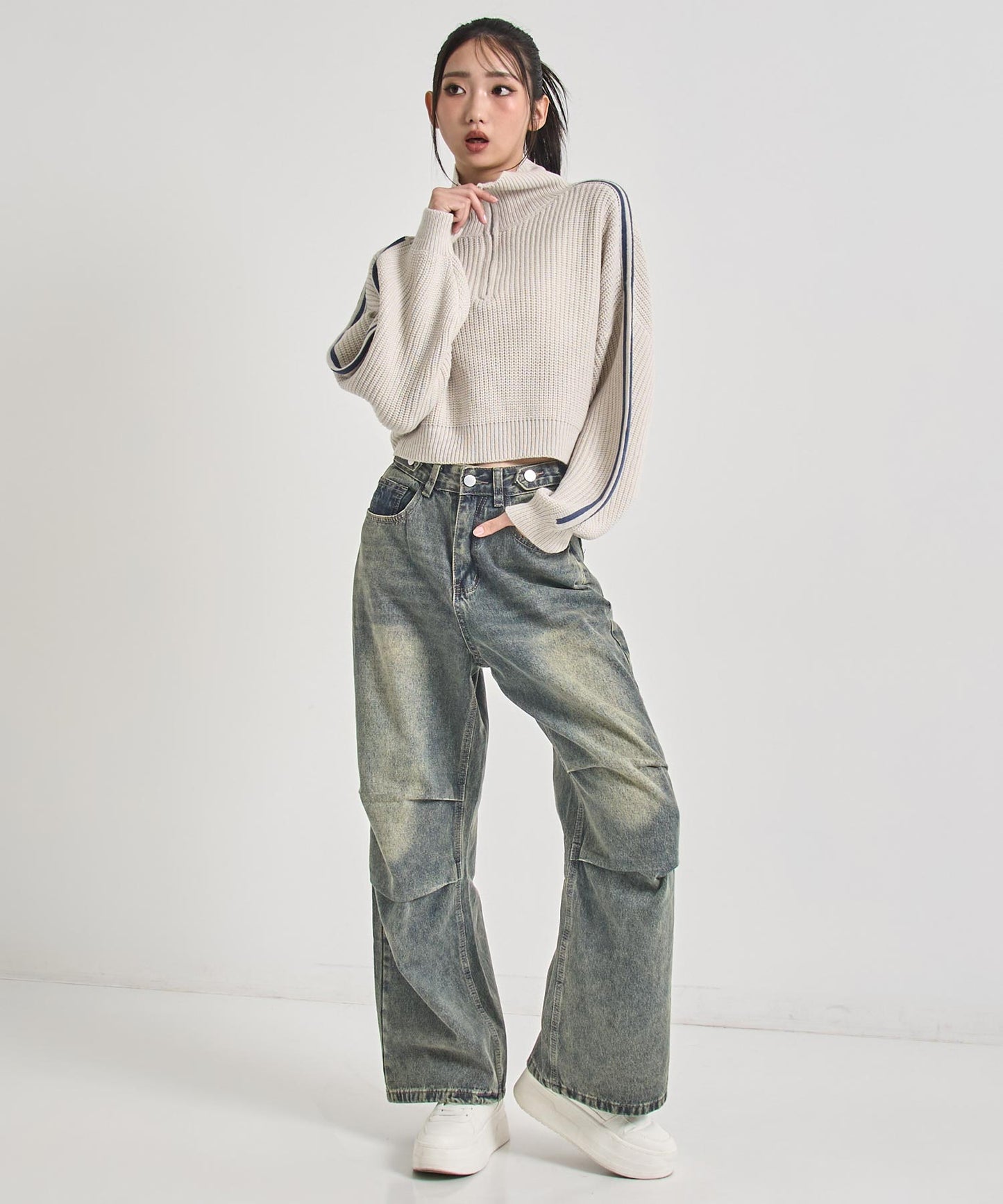 ハーフジップ ライン デザイン ニット トップス 793-9421